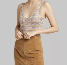 Wild Fable Junior's Striped Snap Placket Bodysuit Pink/Olive M NWT