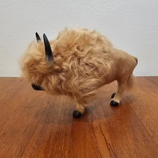 Buffalo Bison Figurine Wool Fur Handcrafted 6" x 4" Standing Western Decor