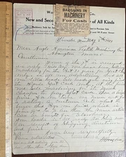 1919 Letterhead WORCESTER MACINERY CO.,  ALONG WITH SEVERAL PRINTED ADS