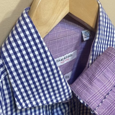ISAAC MIZRAHI Shirt Men's 16 L Slim Fit 34/35 Blue Check Button Up FLIP CUFFS E3