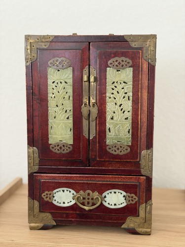 Vintage Chinese Jewelry Box Jade Inlay & Brass Accents 5Drawers Pink Silk Lining