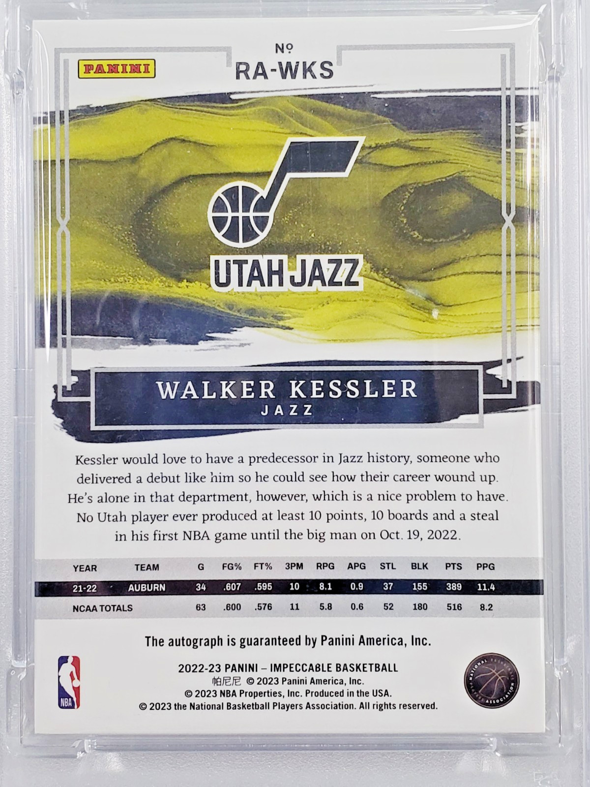 Walker Kessler PSA 9 Mint 2022-23 Impeccable Rookie Asia 39/88 Autograph Auto RC view 6