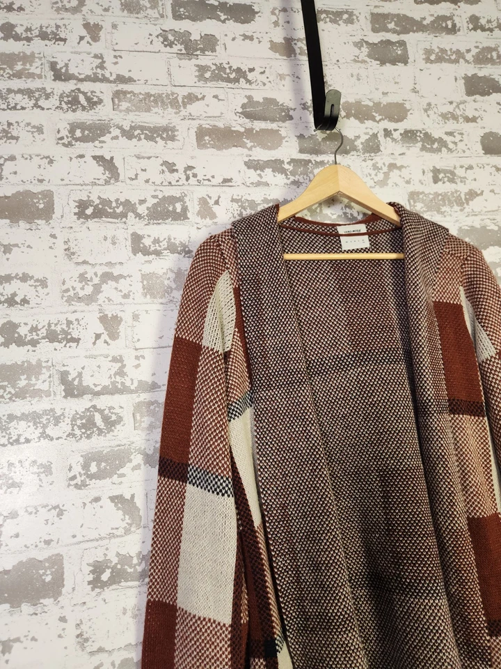 Cárdigan con Capucha a Cuadros Bloques de Color Talla XL Marrón Óxido Boho Acogedor Otoño Vibraciones Foto 4 de 4