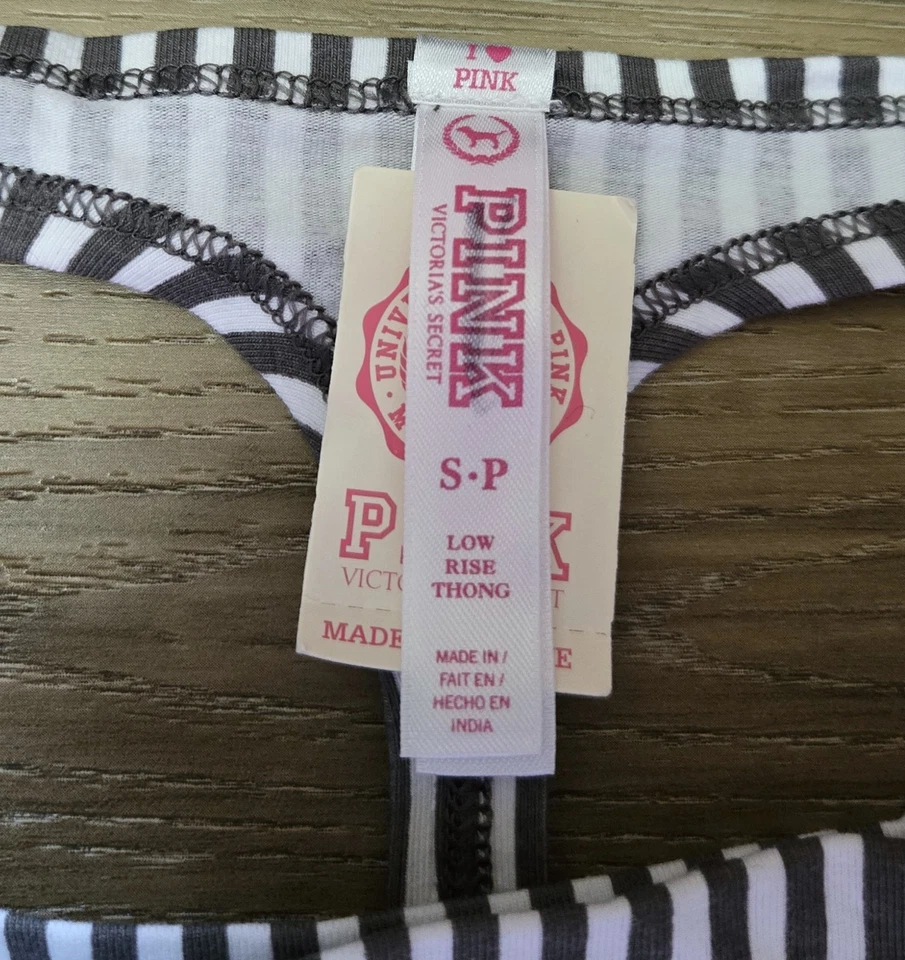 NUEVO CON ETIQUETAS De Colección Victoria's Secret ROSA Rayas Algodón Tanga Bajo Bragas Rosa Lazos S Foto 3 de 3