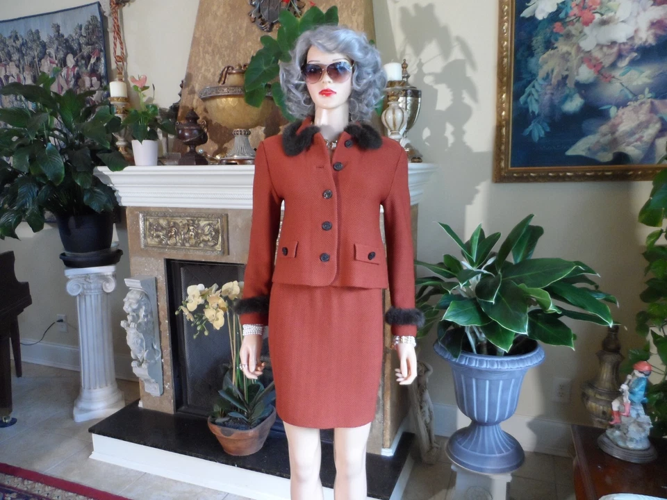 Traje Falda Tejida St. John Óxido/Marrón Patrón Espiga con Ribete de Piel Sintética Talla 2 Foto 2 de 4