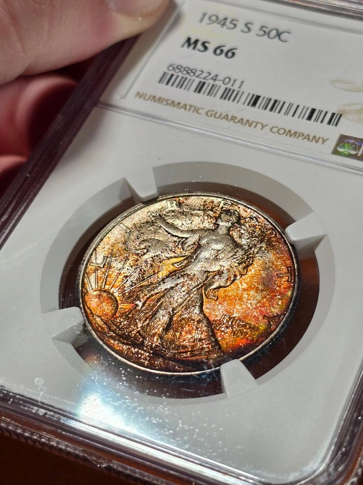 1945 S Walking Liberty Half Dollar NGC MS66 Rainbow Toned Amazing Bright Color - Image 3 of 4