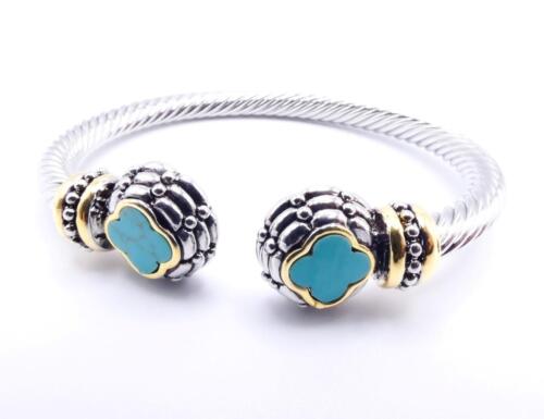 UNIQUE 18kt Gold Plated Cable Dots Texture Turquoise Clover Flower Cuff Bracelet - Picture 2 of 11
