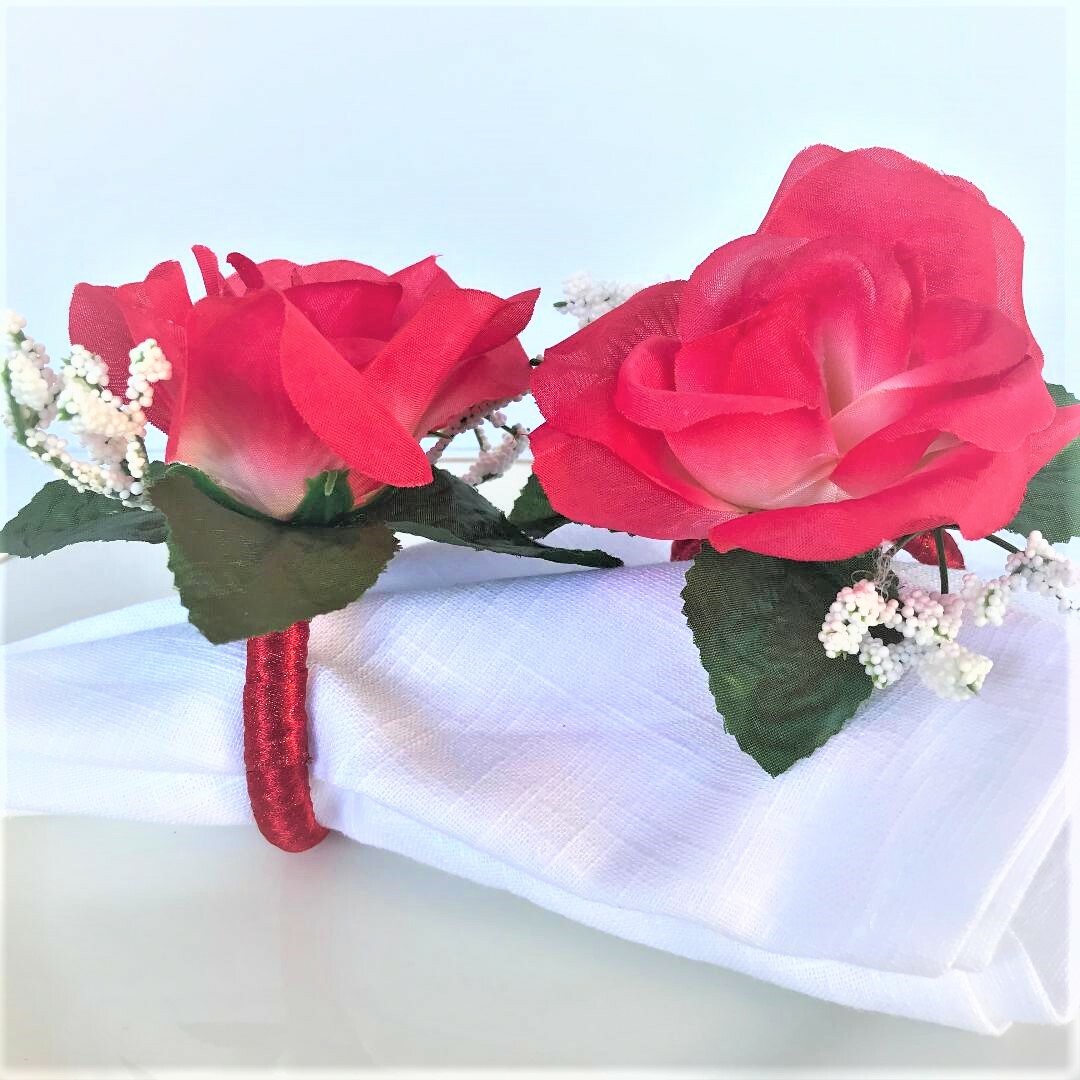 2pc Handmade Single Red Rose Baby's Breath Napkin Rings Wrapped in Red  Ribbon