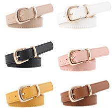 Women Metal Buckle Faux Leather Skinny Waist Belt Dress Pants Narrow Waistband