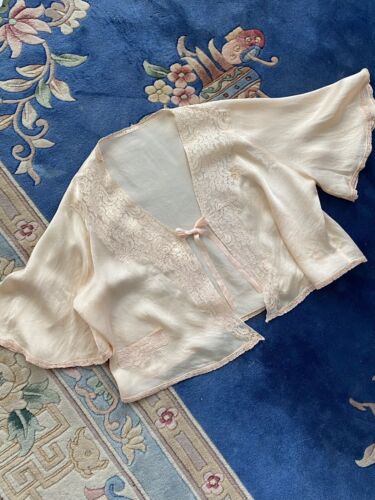 Vintage 1930s Pale Pink Silk Satin Bed Jacket, Lace Trim - Picture 1 of 8
