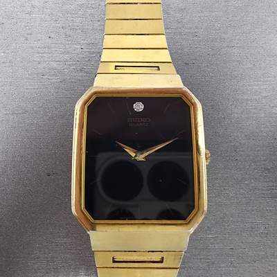 Seiko Tank Watch Men 26mm Black Dial Gold Tone Octagon 5Y30-5B89