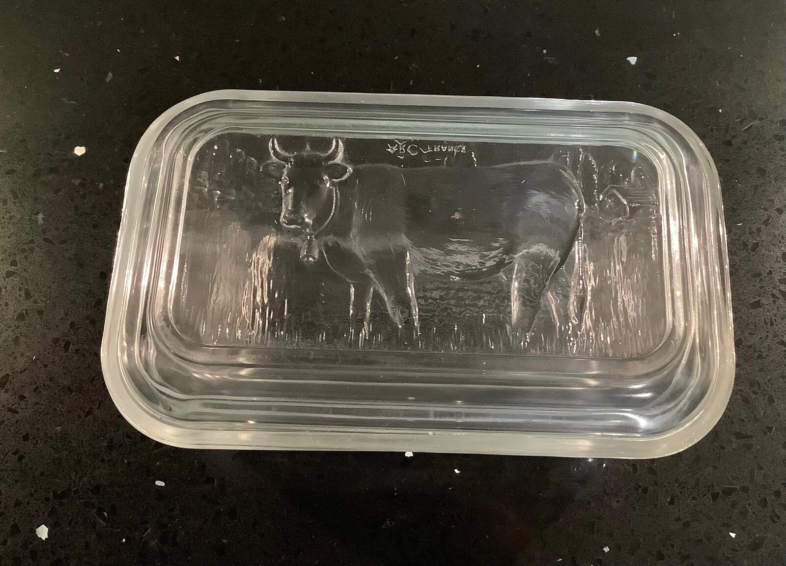 Vintage French ARCOROC Clear Glass Cow Embossed Covered Butter Dish 6.5”