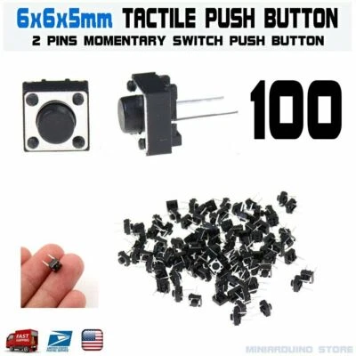 100Pcs 6x6x5mm 2 Pin PCB Momentary Tactile Tact Push Button Switch DIP Micro