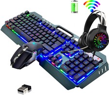 Wireless 2.4G Gaming Keyboard Mouse 3.5mm USB Headset Set Rainbow LED PC PS4 Mac