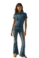 SER.O.YA Fallon Jumpsuit Small Denim Flare Leg Coverall Slim Fit Distressed Boho