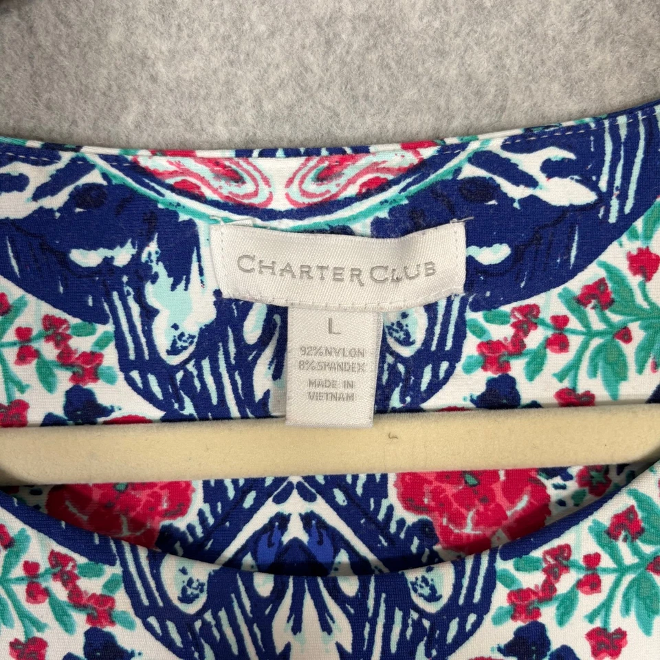 Vestido Charter Club Grande Azul Marino Rojo Elastizado Floral Medallón Pájaros Mediterráneo Foto 4 de 4