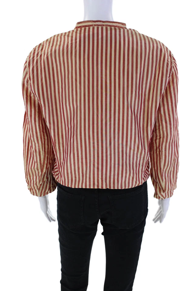 Hazel Brown 女式丝绸条纹长袖纽扣衬衫红色黄色 4 码 — 第 3/4 张图片