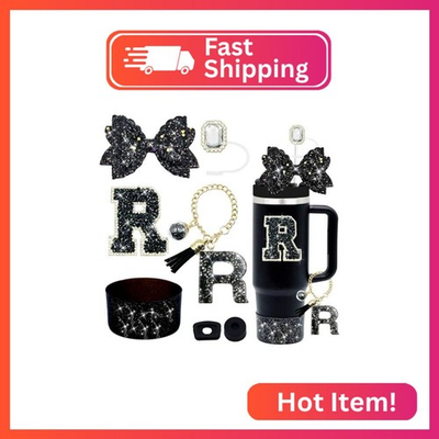 #ad 7PCS Black Stanley Cup Accessories Set Initials Decorations for Stanley Cup 30o $10.09