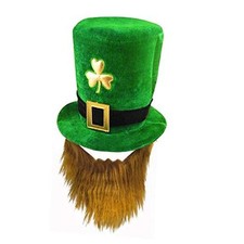 St. Patrick's Day Green Leprechaun Top Hat with Beard Irish Shamrock Brown