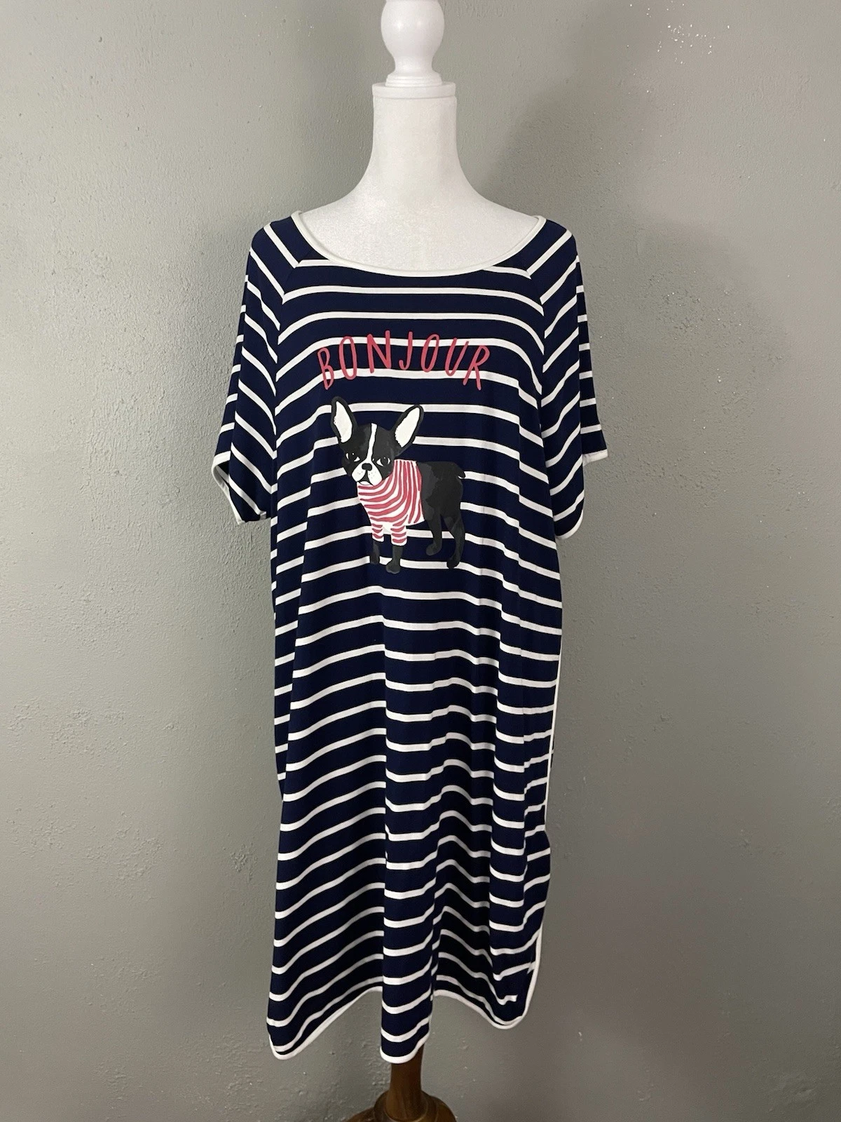 Camicia da notte Kate Spade maglia XL donna pigiama blu righe cane Paris Bonjour