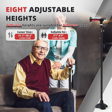 Folding Walking Cane with Two Led Lights for Elderly Solid Base Adjustable Wa...