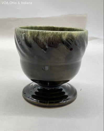 Hull USA F34 Pottery Planter Mid Century Green Black Drip Glaze Pedestal