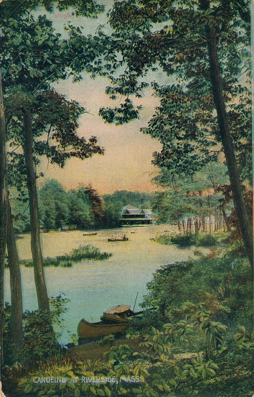 CANOEING AT RIVERSIDE, MASS. MA. BOAT HOUSE. RIVER SCENE.
