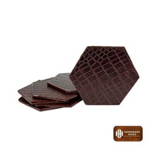 Luxury Brown Leather Coaster Set: Hexagon Drink Coasters with Holder