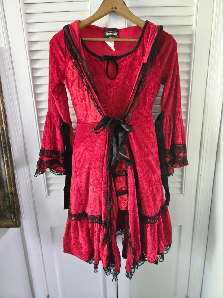 Vestido Disfraz Caperucita Roja Strangeling Niñas Gótico Terciopelo Encaje Talla 14 Foto 3 de 4