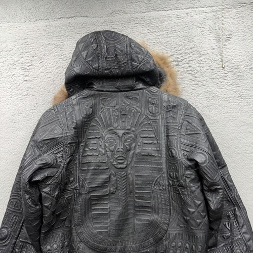 Petite veste vintage Vilanto cuir noir pharaon égyptien année 2000 capuche fourrure - Photo 3/8