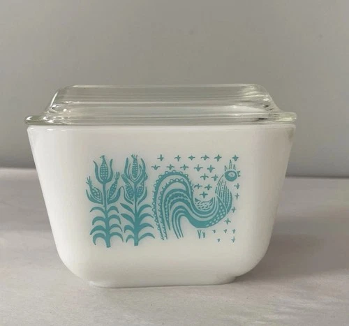 Vintage PYREX Amish Butterprint Fridge Pack Turquoise Dish With Cover