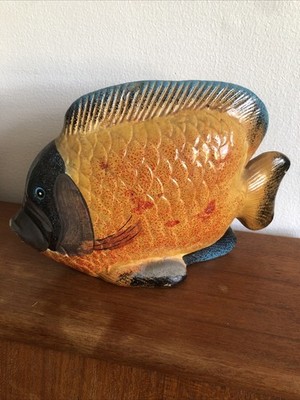 Seltene antike Vintage KERAMIK KERAMIK FISCH ORNAMENT GELB UND BLAU WOHNDEKO