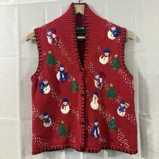 Ugly Christmas Sweater Vest Womens PM Cardigan Snowmen 3D Embroidered Vintage