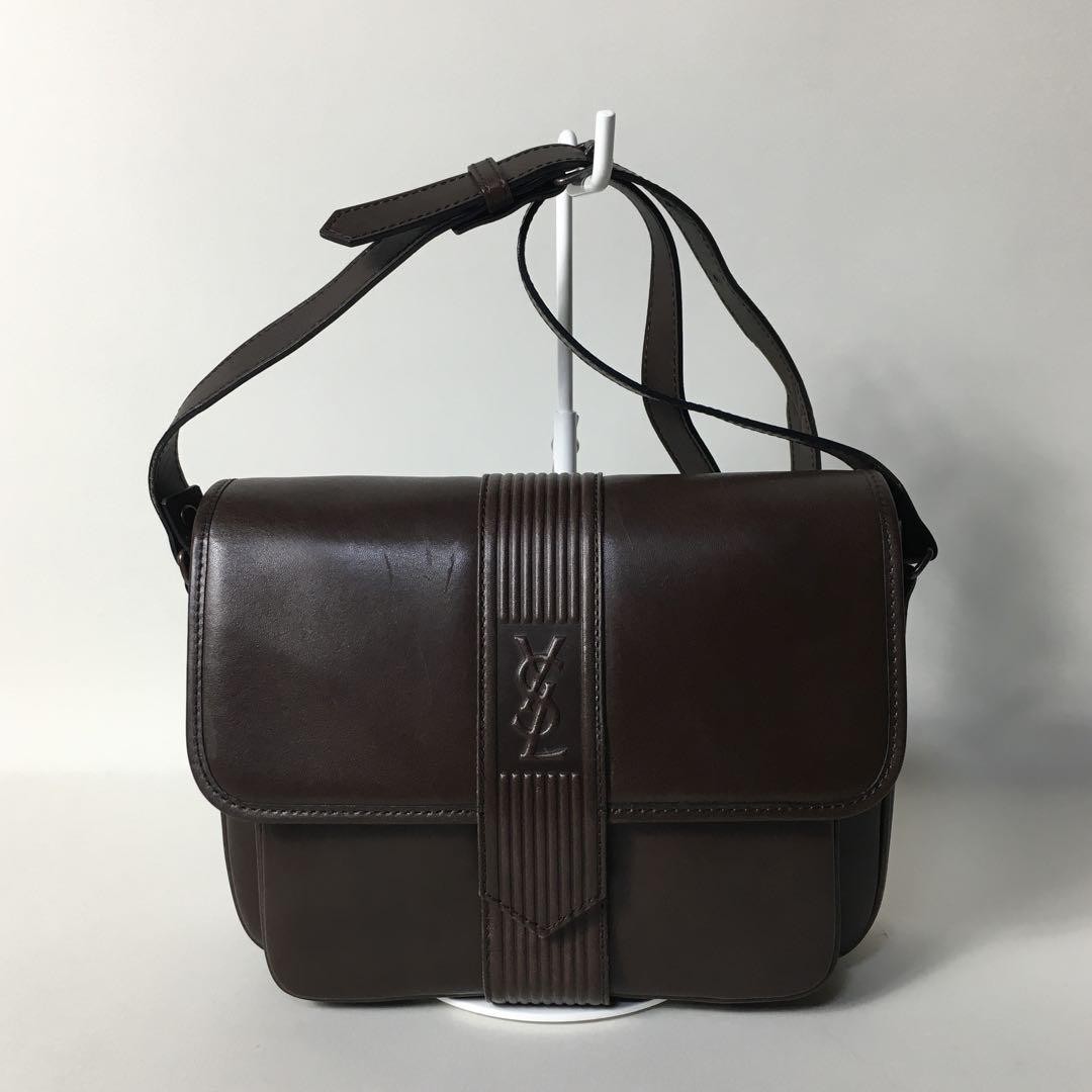 Yves Saint Laurent Dark Brown Leather Logo Shoulder Bag Auth Japan RIN