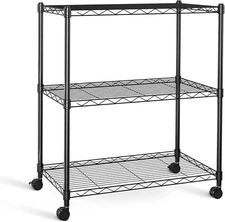 3-Shelf Wire Storage Shelves with Wheels,Adjustable Storage Units,Black