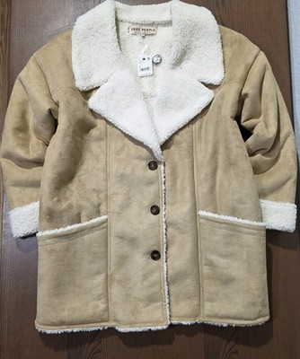 New Free People Diego Coat In Tan Faux Suade W/ Sherpa Lining Coat L M OB1401984