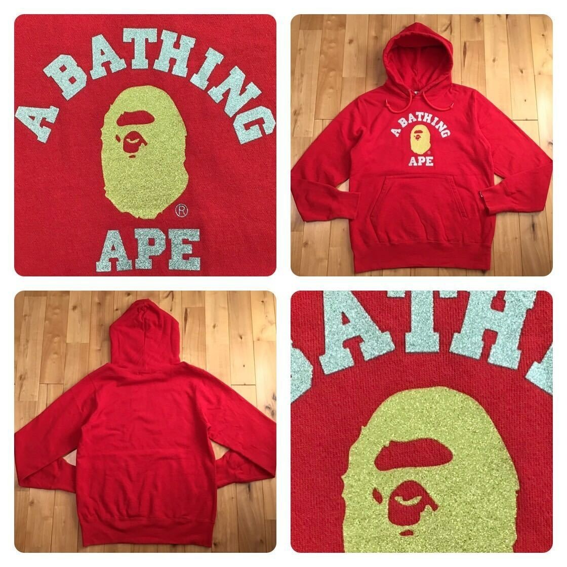 【A BATHING APE】GLITTER PRINT BUSY WORKS PULLOVER HOODIE BAPE Glitter print college logo pullover hoodie Red A