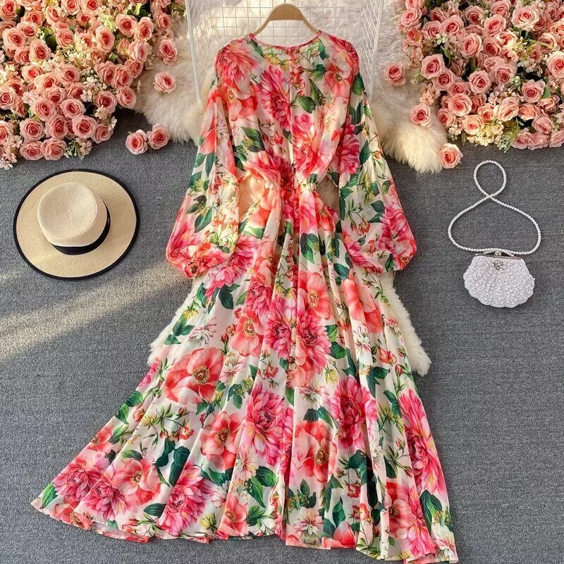 Spring Summer Women Flower Print Chiffon Long Maxi Dress Bat Sleeve Dresses New