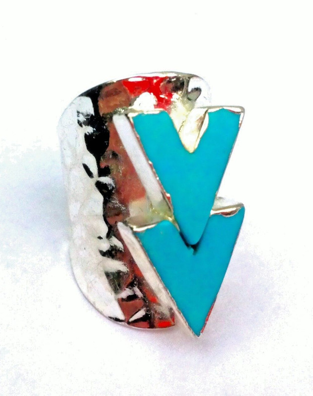 Chevron Howlite Turquoise Ring Hammered Silver Plated Cuff Band Double V Boho