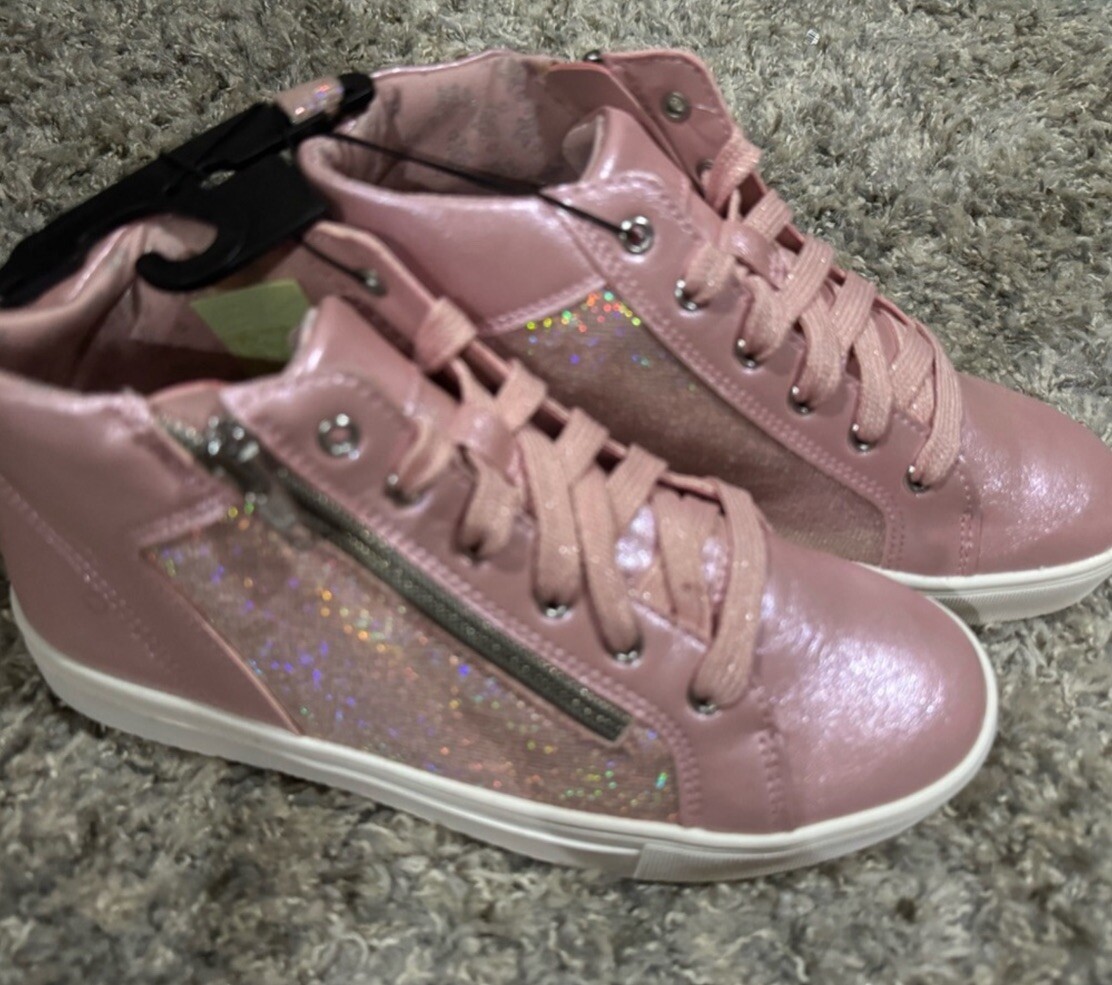 Girls High Top Sneaker Shoes Casual Pink Glitter Zipper Size 5
