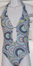 Bar III Printed Plunge Lace-Up One Piece Halter Swimsuit Sz S Medallions K15 