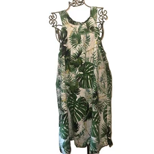 Tahari Dress Shift/shirt 100 Linen Sleevless White W/Tropical Palm M Women's