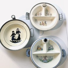 Set Of 3 Vintage Ceramic Warming Baby Plates with Metal Lid