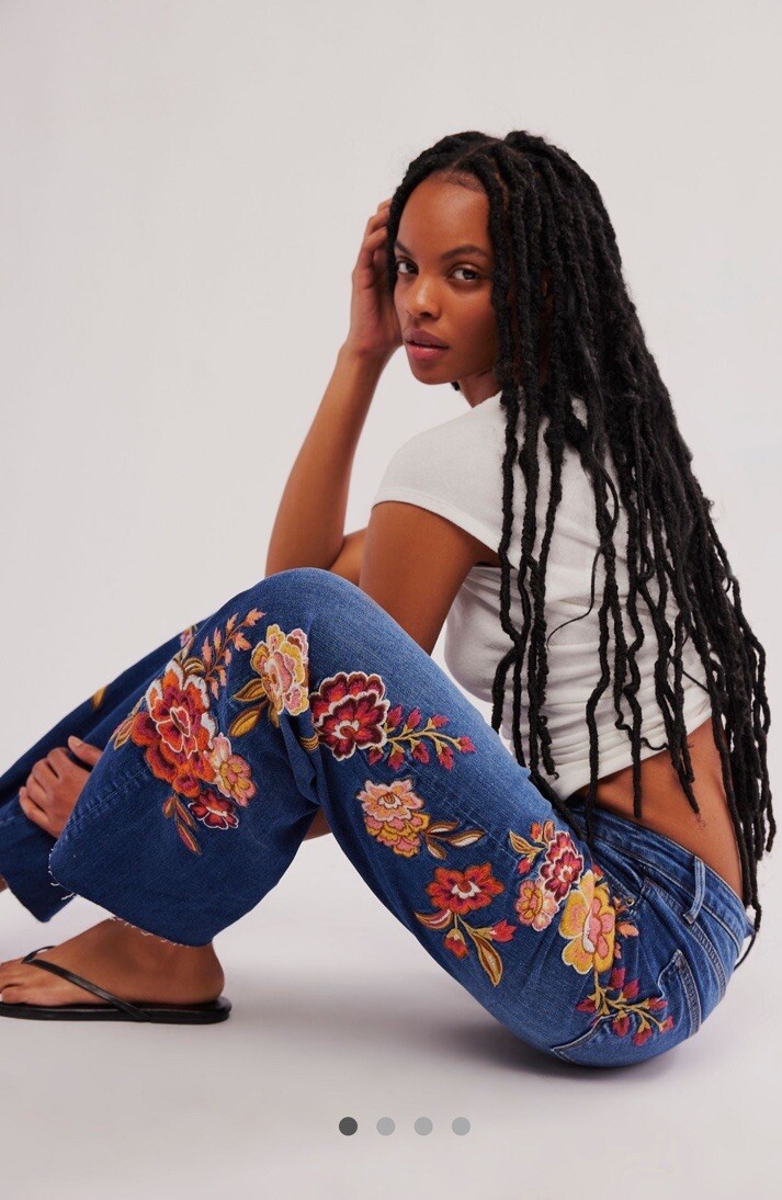 Free People Driftwood Charlee Wide Leg Jeans Floral Embroidery