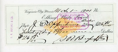 1901 Elling State Bank Check Virginia City Montana JE Oppenheimer Signed Buford