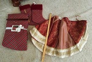 Dillard's Trimsetter 60" Tree Skirts (2) Red w/Colorful Trim & Stockings Set New