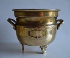 Vintage Small Brass Round Planter with 2 Handles & Feet