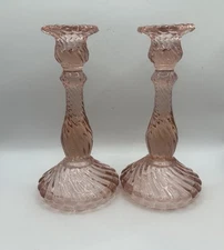 Pair BACCARAT 8” Heavy Crystal BAMBOUS Swirl Candlesticks Candle Holders Pink