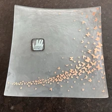 New ANNIE GLASS Butterfly Square Bowl Tray 10” Satin Art Glass Gold Butterflies