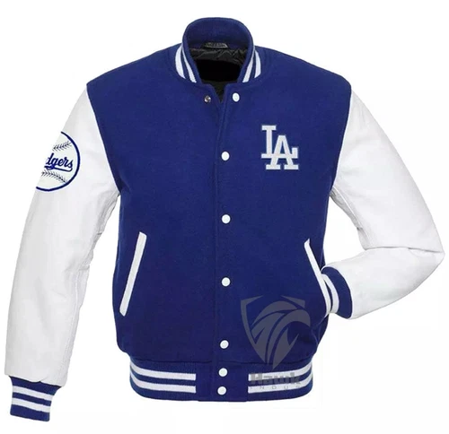 Blue Wool White Leather Sleeves Baseball Jacket